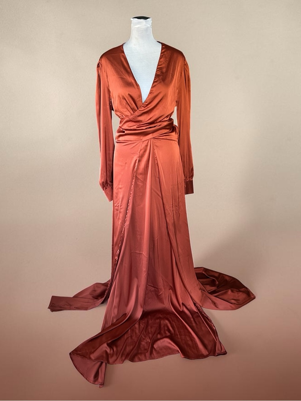 Fashion Nova Rust Satin Wrap Maxi Dress